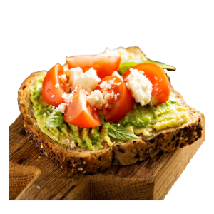 Tostada con aguacate y tomate triturado o en rodajas